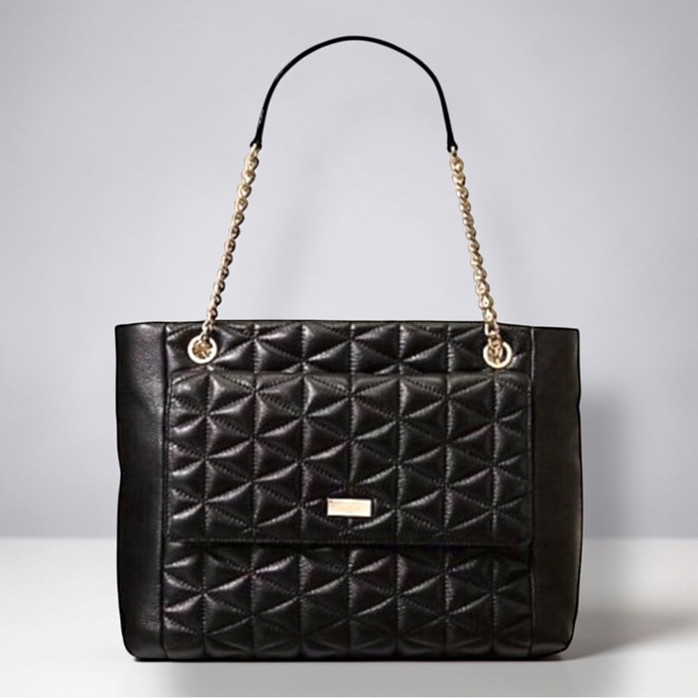 Kate Spade Willis Emery Black Quilted Chain Tote Bag With Large Front Pocket